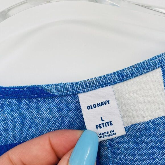 Old Navy Size Large Petite LP Blue & White Plaid Linen Summer Wrap Dress - Picture 10 of 14